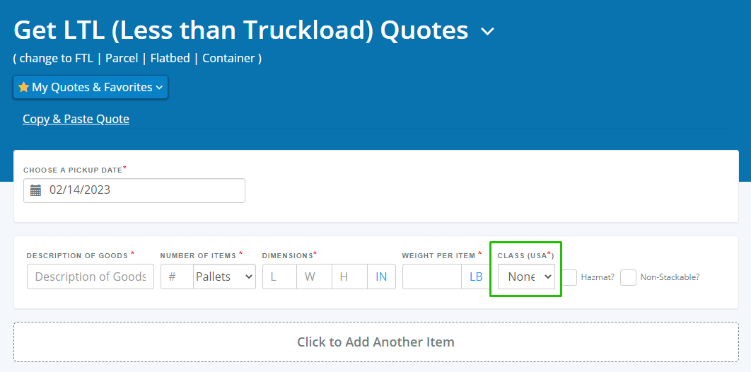 Freight class selection dropdown menu on the Freightera quoting page